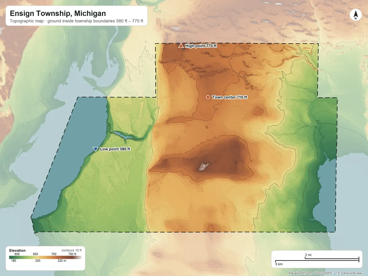 Topographic elevation map of Ensign Township, Michigan, shaded from 580 ft on the southwest side to 770 ft on the northwest side