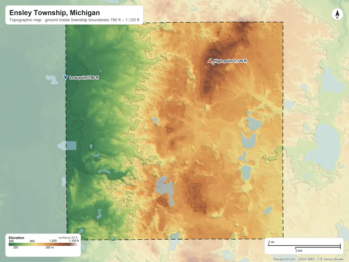 Topographic elevation map of Ensley Township, Michigan, shaded from 790 ft on the northwest side to 1,120 ft on the north side