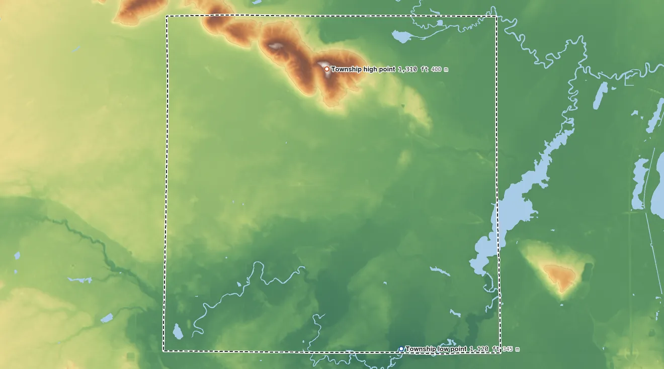 Topographic elevation map of Enterprise Township, Michigan, shaded from 1,120 ft on the south side to 1,310 ft on the north side