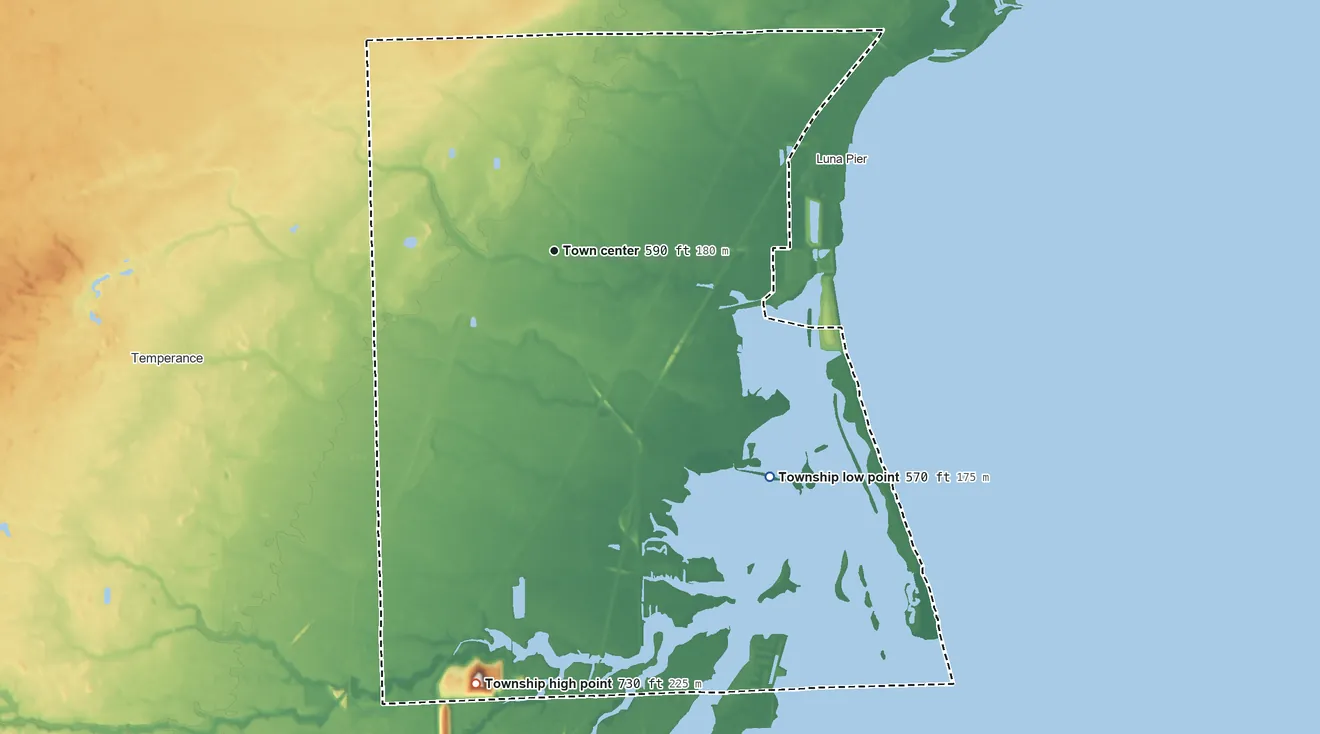 Topographic elevation map of Erie Township, Michigan, shaded from 570 ft on the southeast side to 730 ft on the south side