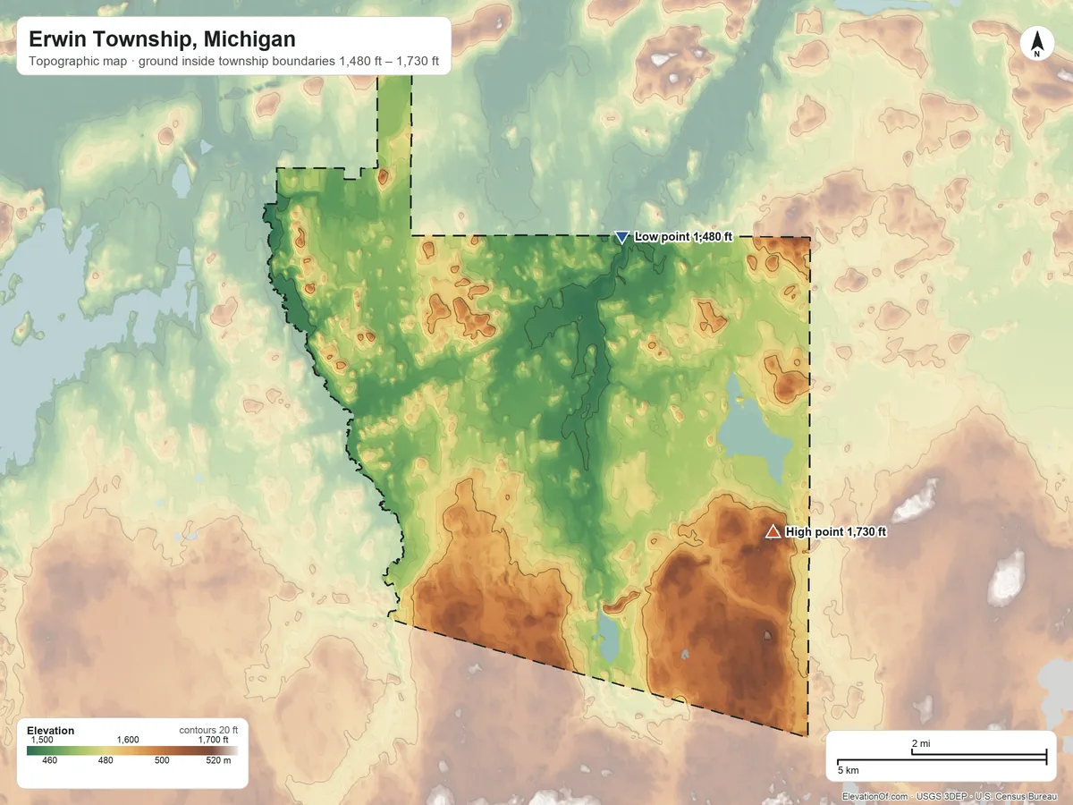 Topographic elevation map of Erwin Township, Michigan, shaded from 1,480 ft on the east side to 1,730 ft on the southeast side