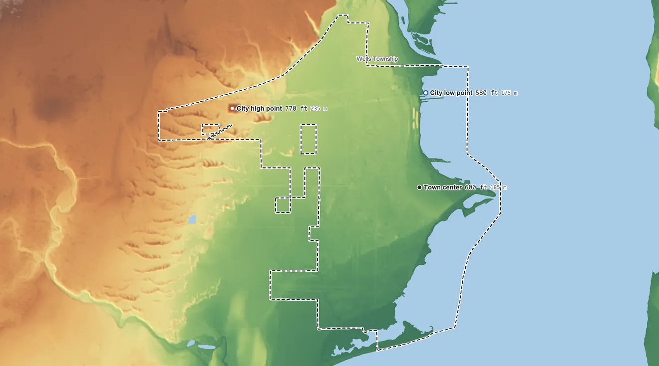 Topographic elevation map of Escanaba, Michigan, shaded from 580 ft on the north side to 770 ft on the northwest side
