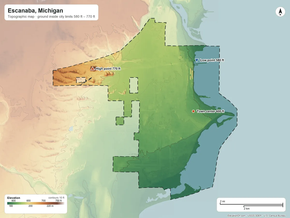 Topographic elevation map of Escanaba, Michigan, shaded from 580 ft on the north side to 770 ft on the northwest side