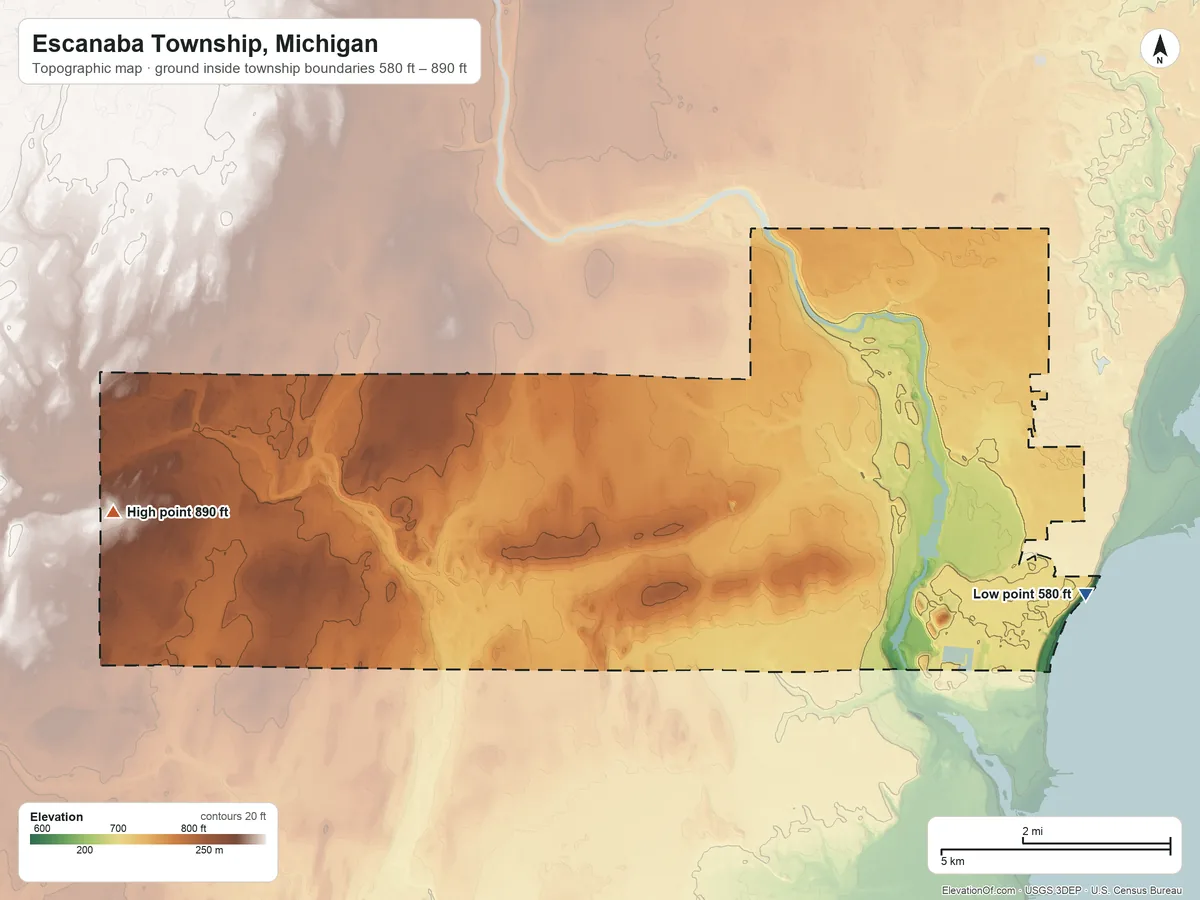 Topographic elevation map of Escanaba Township, Michigan, shaded from 580 ft on the southeast side to 890 ft on the west side