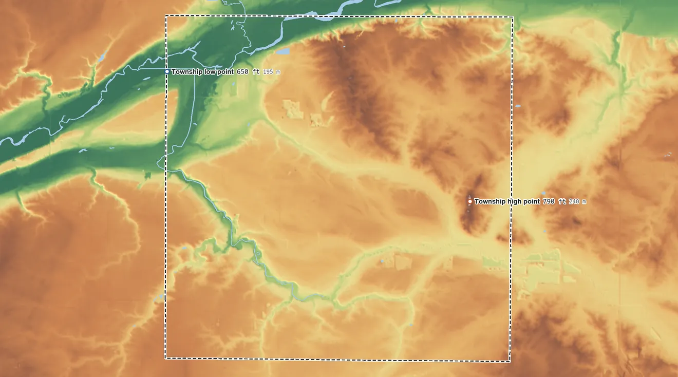 Topographic elevation map of Essex Township, Michigan, shaded from 650 ft on the northwest side to 790 ft on the east side