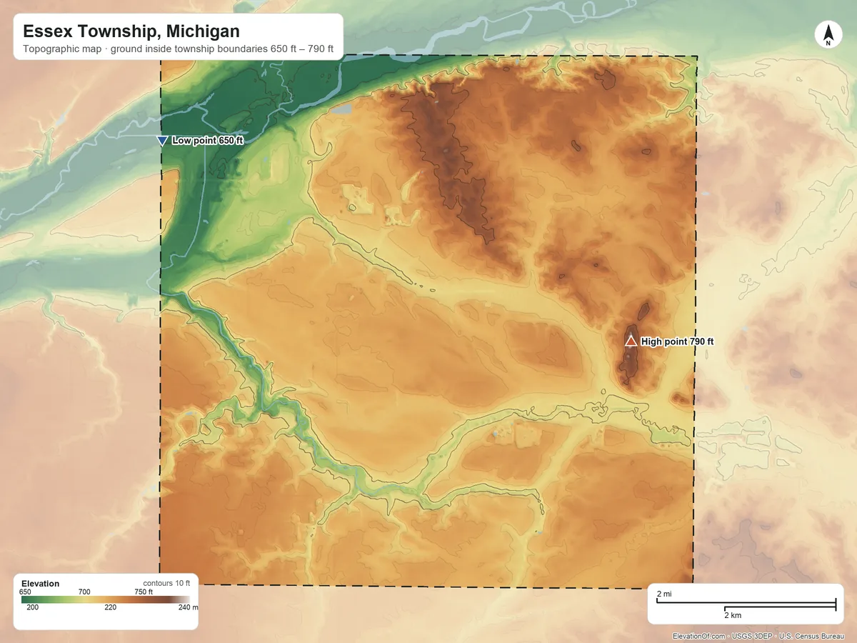 Topographic elevation map of Essex Township, Michigan, shaded from 650 ft on the northwest side to 790 ft on the east side