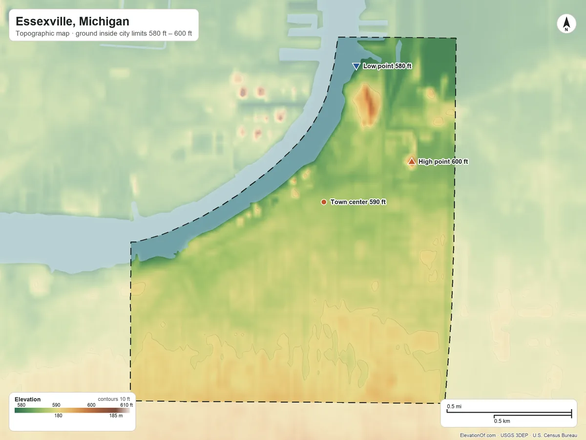 Topographic elevation map of Essexville, Michigan, shaded from 580 ft on the north side to 600 ft on the northeast side