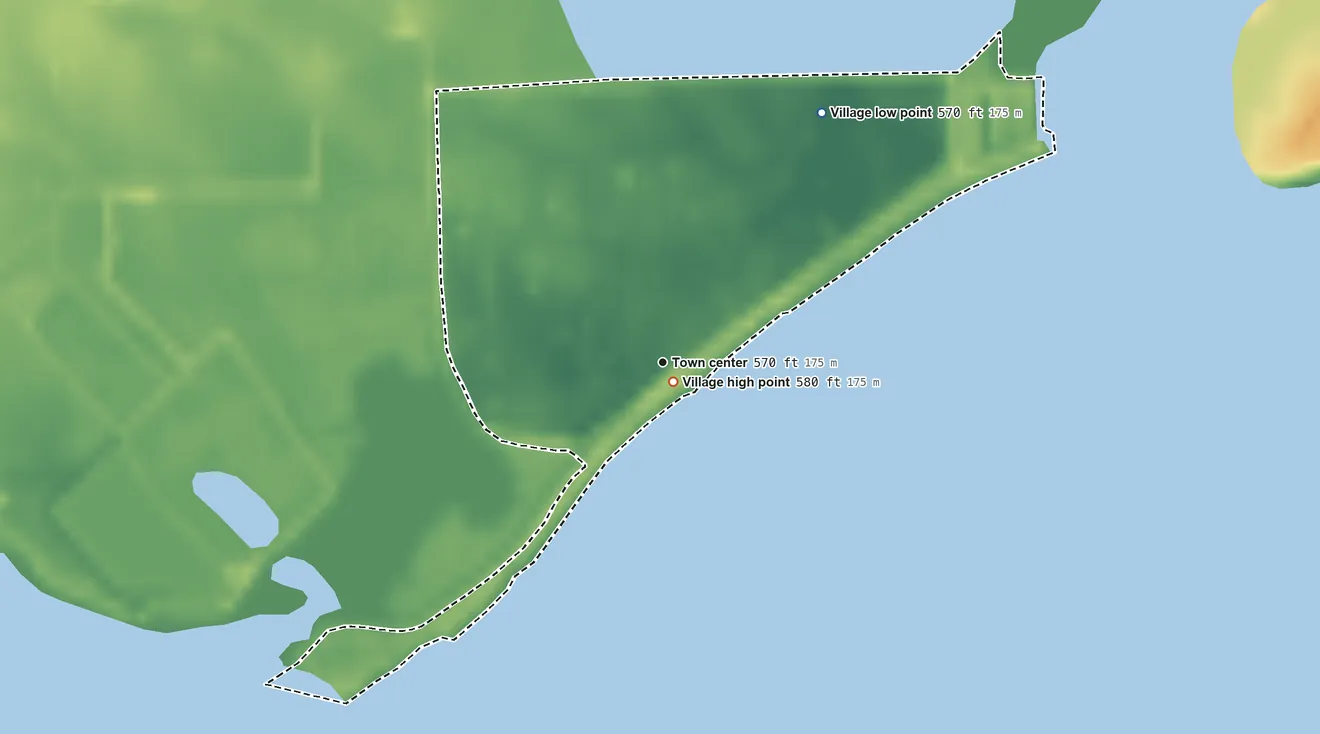 Topographic elevation map of Estral Beach, Michigan, shaded from 570 ft on the northeast side to 580 ft near the middle