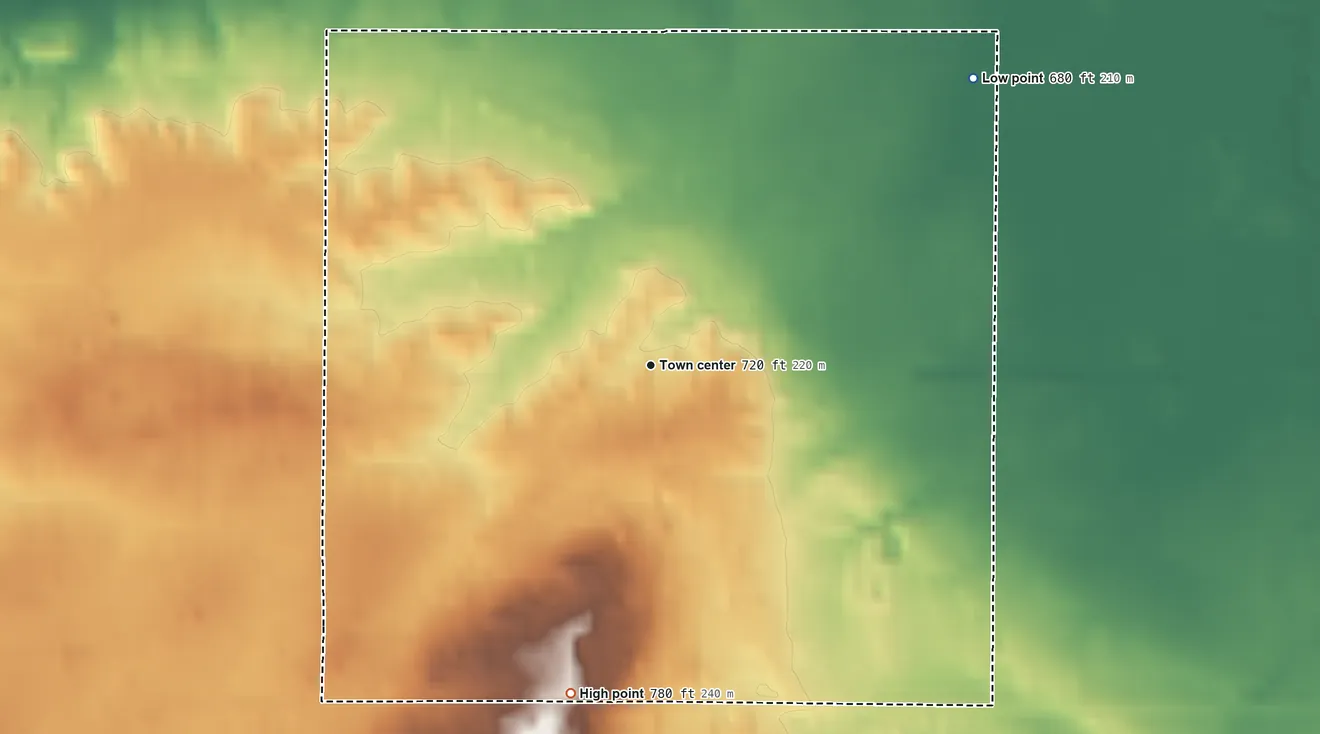 Topographic elevation map of Eureka, Michigan, shaded from 680 ft on the northeast side to 780 ft on the south side