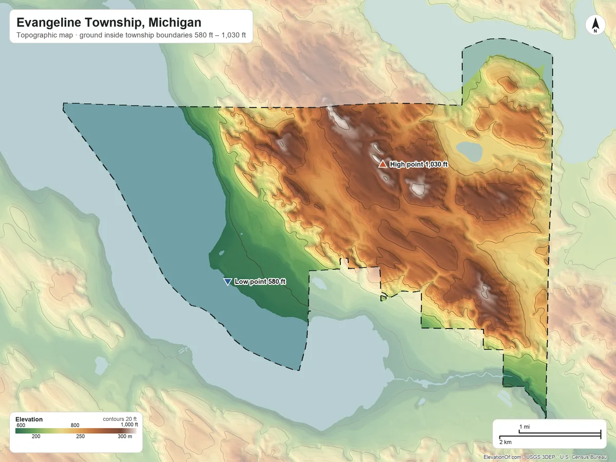 Topographic elevation map of Evangeline Township, Michigan, shaded from 580 ft on the west side to 1,030 ft on the north side