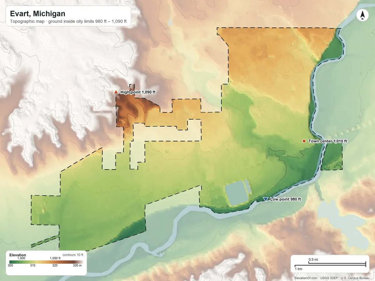 Topographic elevation map of Evart, Michigan, shaded from 980 ft on the southwest side to 1,090 ft on the west side