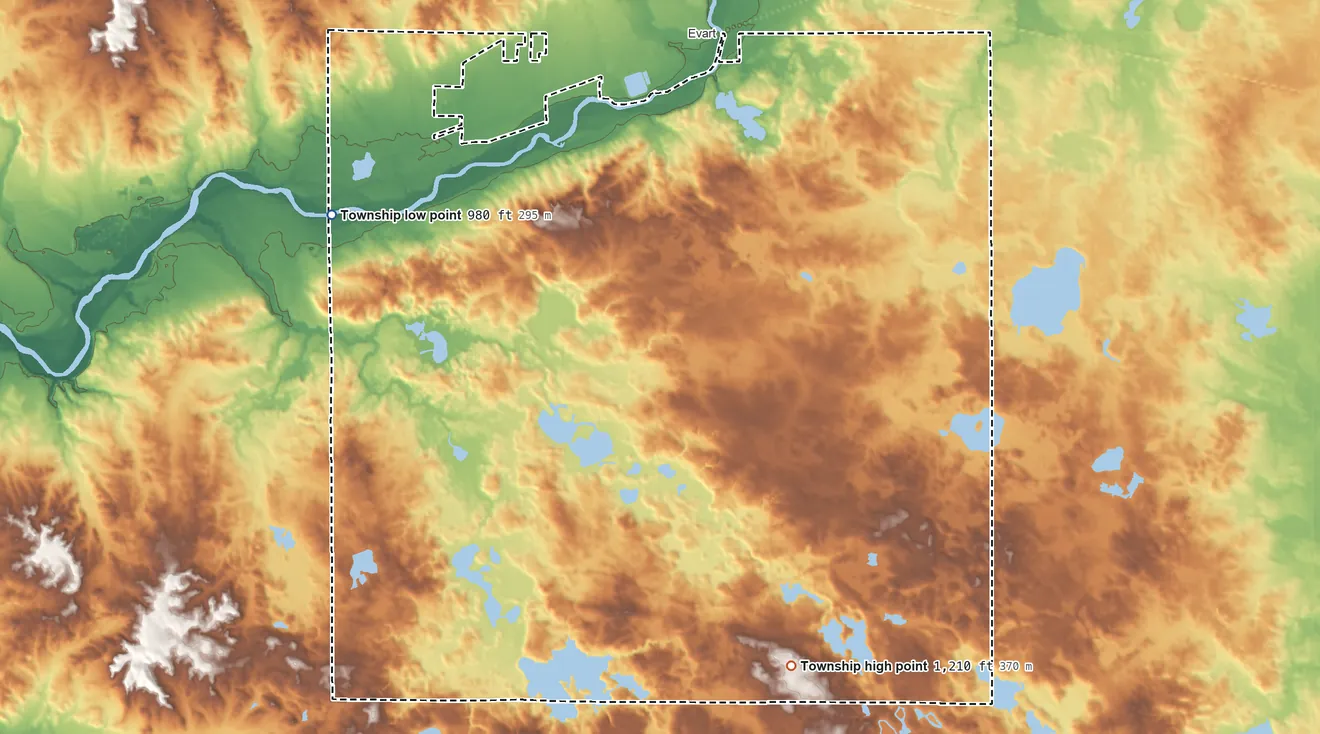 Topographic elevation map of Evart Township, Michigan, shaded from 980 ft on the northwest side to 1,210 ft on the southeast side