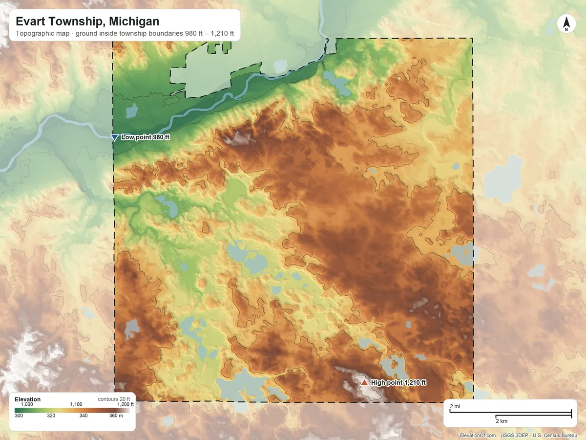 Topographic elevation map of Evart Township, Michigan, shaded from 980 ft on the northwest side to 1,210 ft on the southeast side