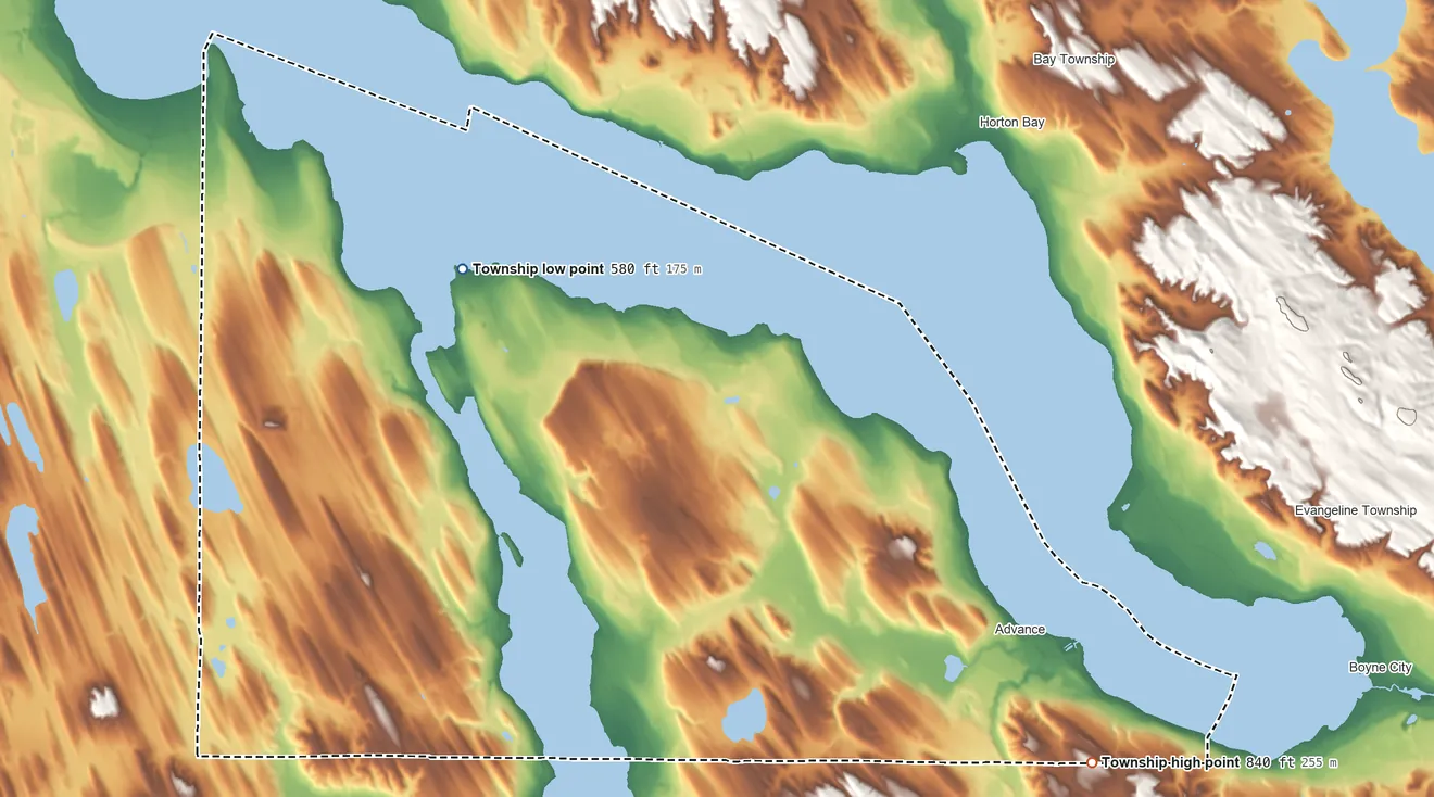 Topographic elevation map of Eveline Township, Michigan, shaded from 580 ft on the northwest side to 840 ft on the southeast side