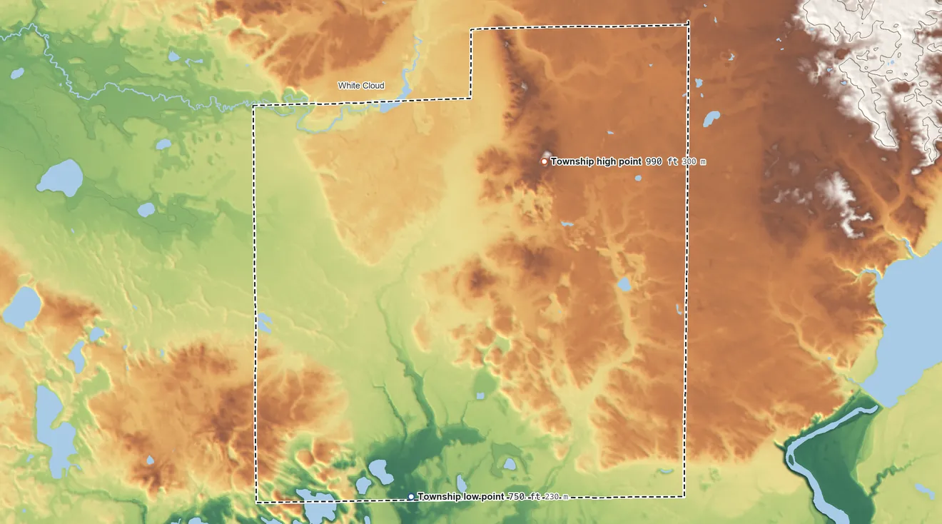 Topographic elevation map of Everett Township, Michigan, shaded from 750 ft on the south side to 990 ft on the northeast side
