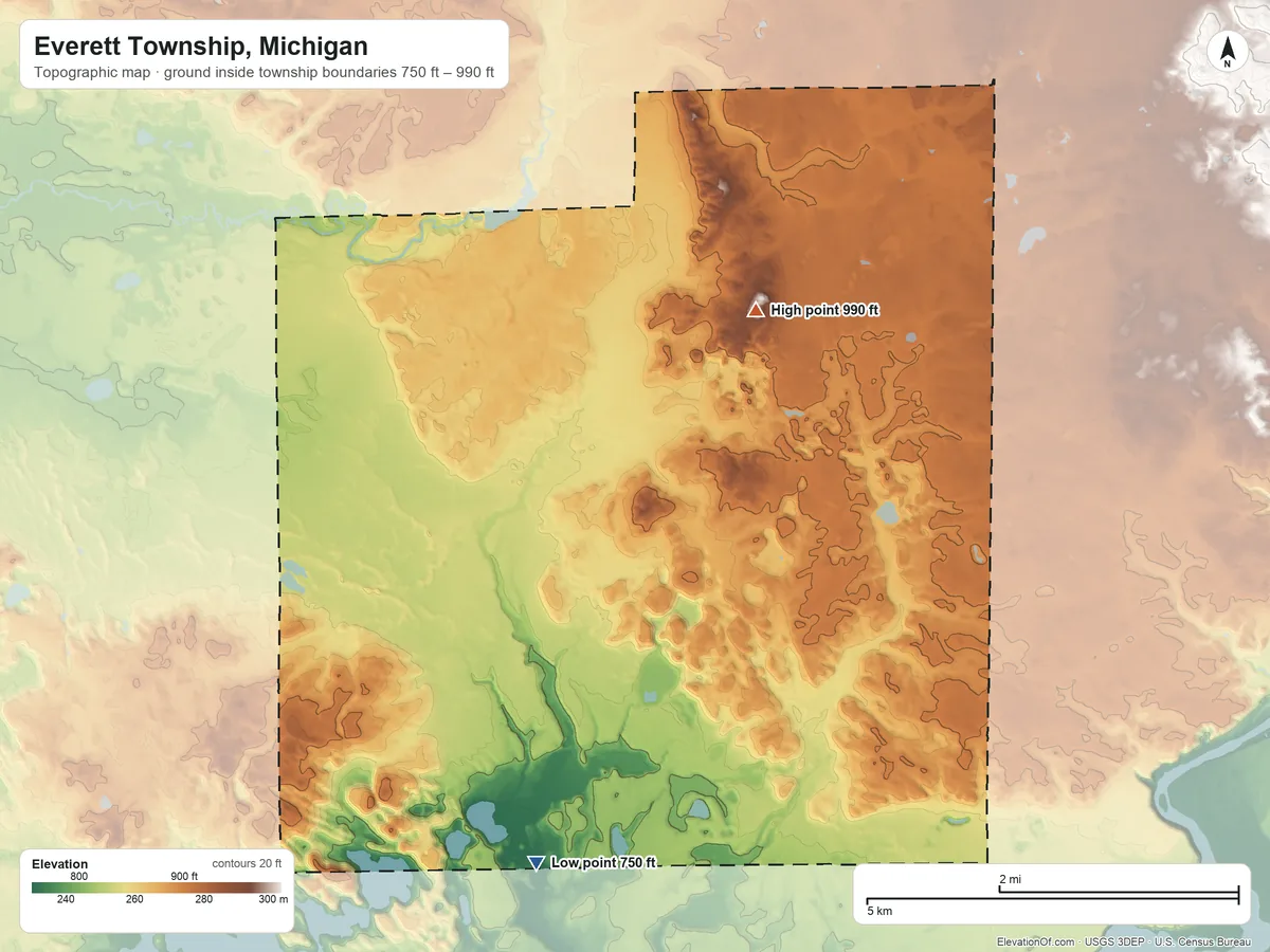 Topographic elevation map of Everett Township, Michigan, shaded from 750 ft on the south side to 990 ft on the northeast side
