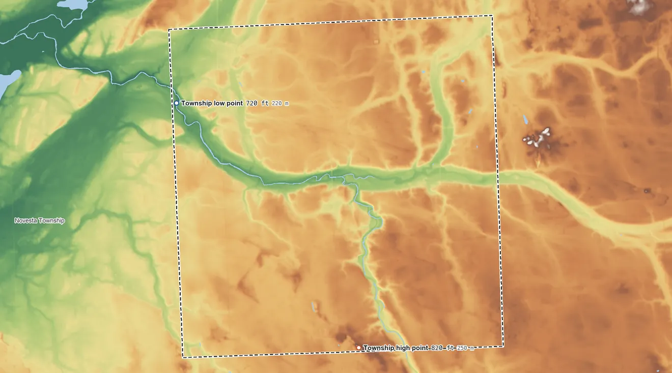 Topographic elevation map of Evergreen Township, Sanilac County, Michigan, shaded from 720 ft on the northwest side to 820 ft on the south side