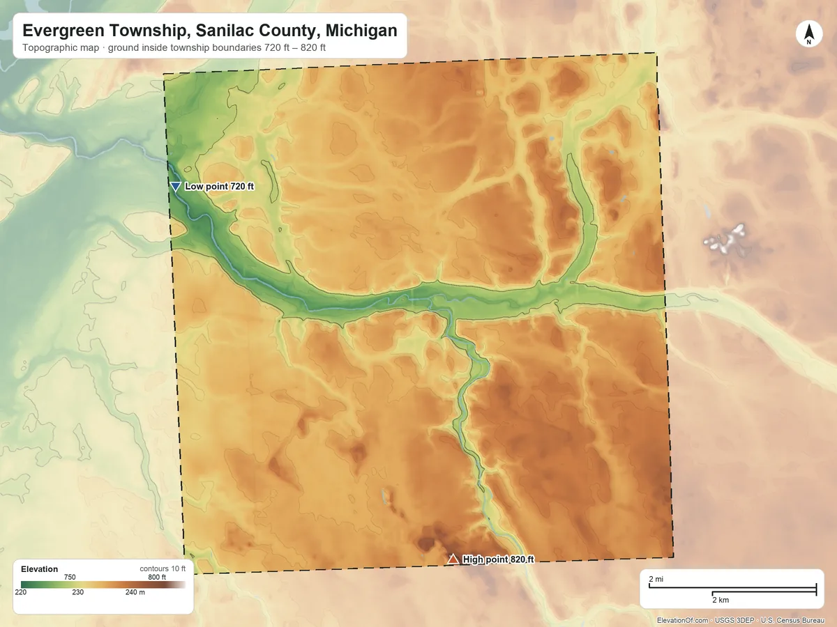 Topographic elevation map of Evergreen Township, Sanilac County, Michigan, shaded from 720 ft on the northwest side to 820 ft on the south side