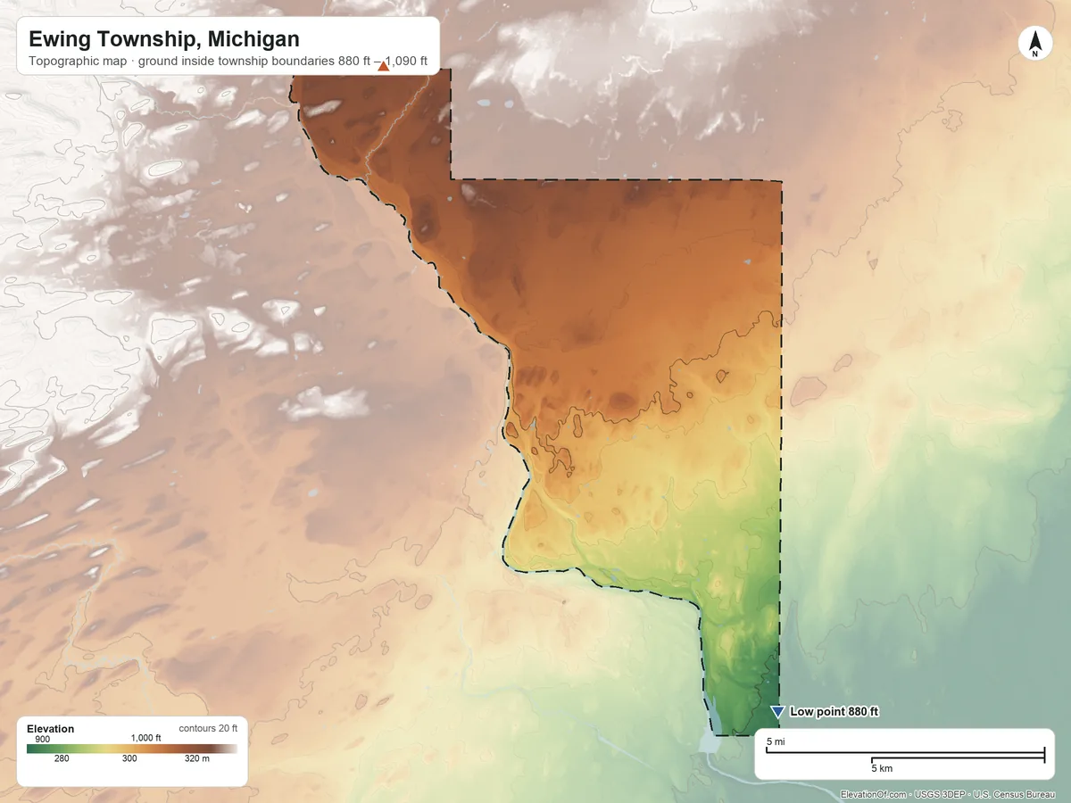Topographic elevation map of Ewing Township, Michigan, shaded from 880 ft on the south side to 1,090 ft on the northwest side