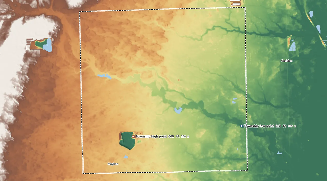 Topographic elevation map of Exeter Township, Michigan, shaded from 610 ft on the east side to 660 ft on the southwest side