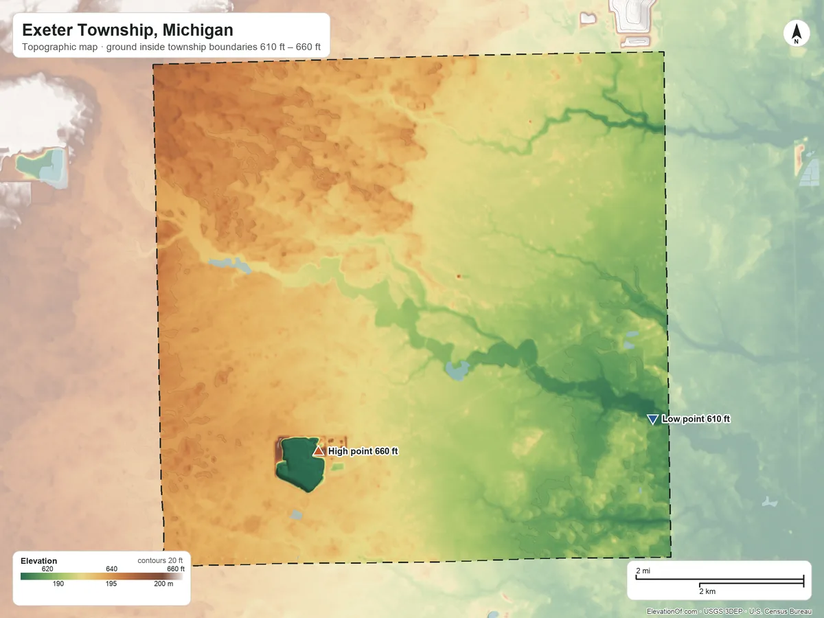 Topographic elevation map of Exeter Township, Michigan, shaded from 610 ft on the east side to 660 ft on the southwest side