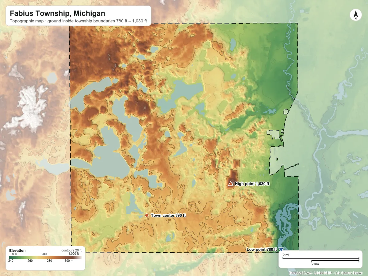 Topographic elevation map of Fabius Township, Michigan, shaded from 780 ft on the east side to 1,030 ft on the east side