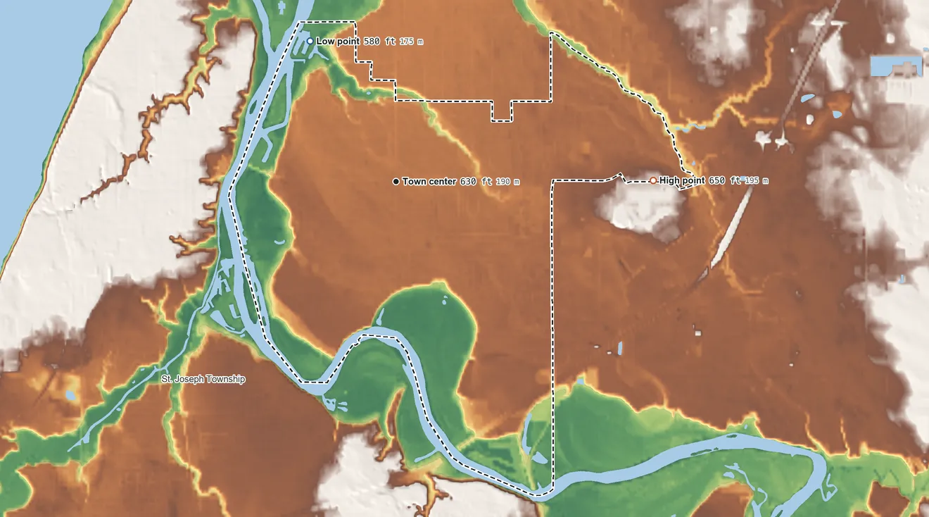 Topographic elevation map of Fair Plain, Michigan, shaded from 580 ft on the northwest side to 650 ft on the east side