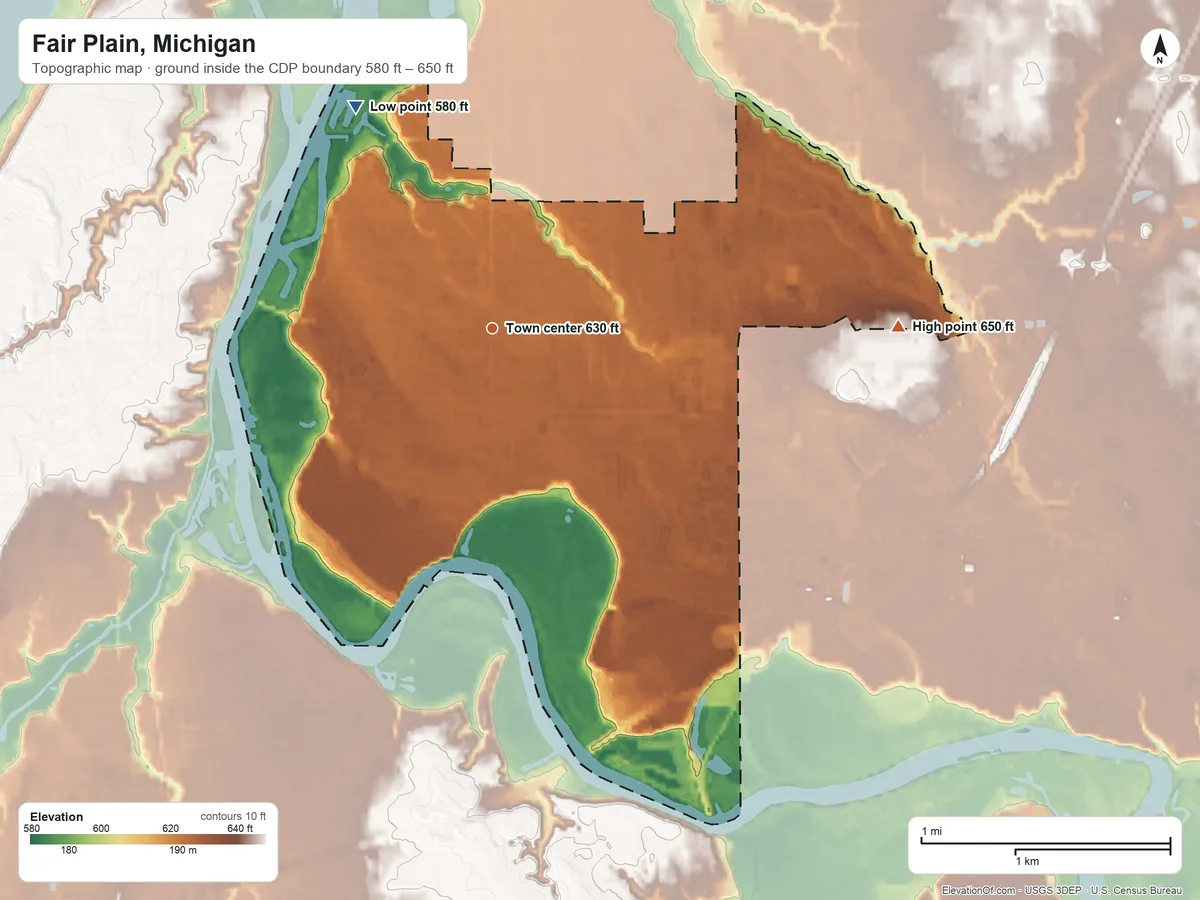 Topographic elevation map of Fair Plain, Michigan, shaded from 580 ft on the northwest side to 650 ft on the east side