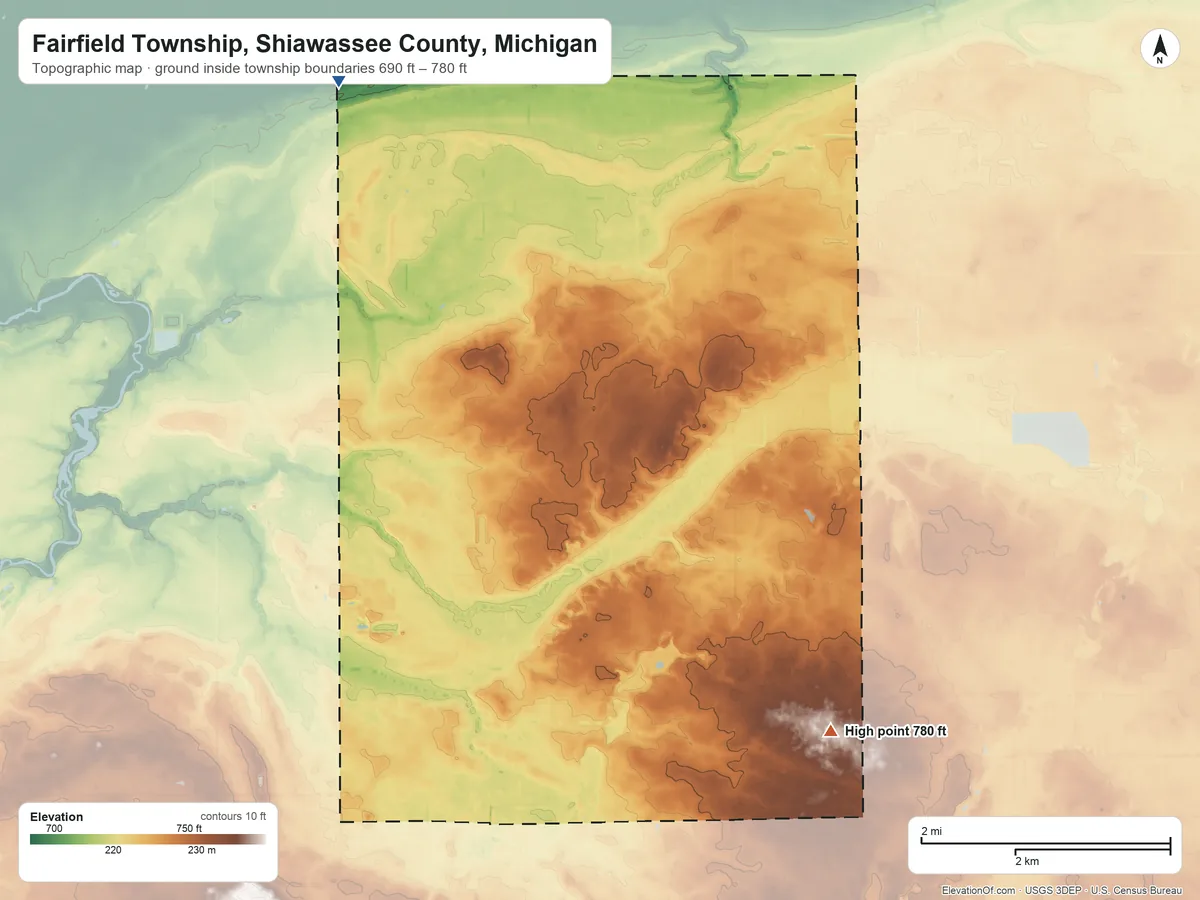 Topographic elevation map of Fairfield Township, Shiawassee County, Michigan, shaded from 690 ft on the northwest side to 780 ft on the southeast side