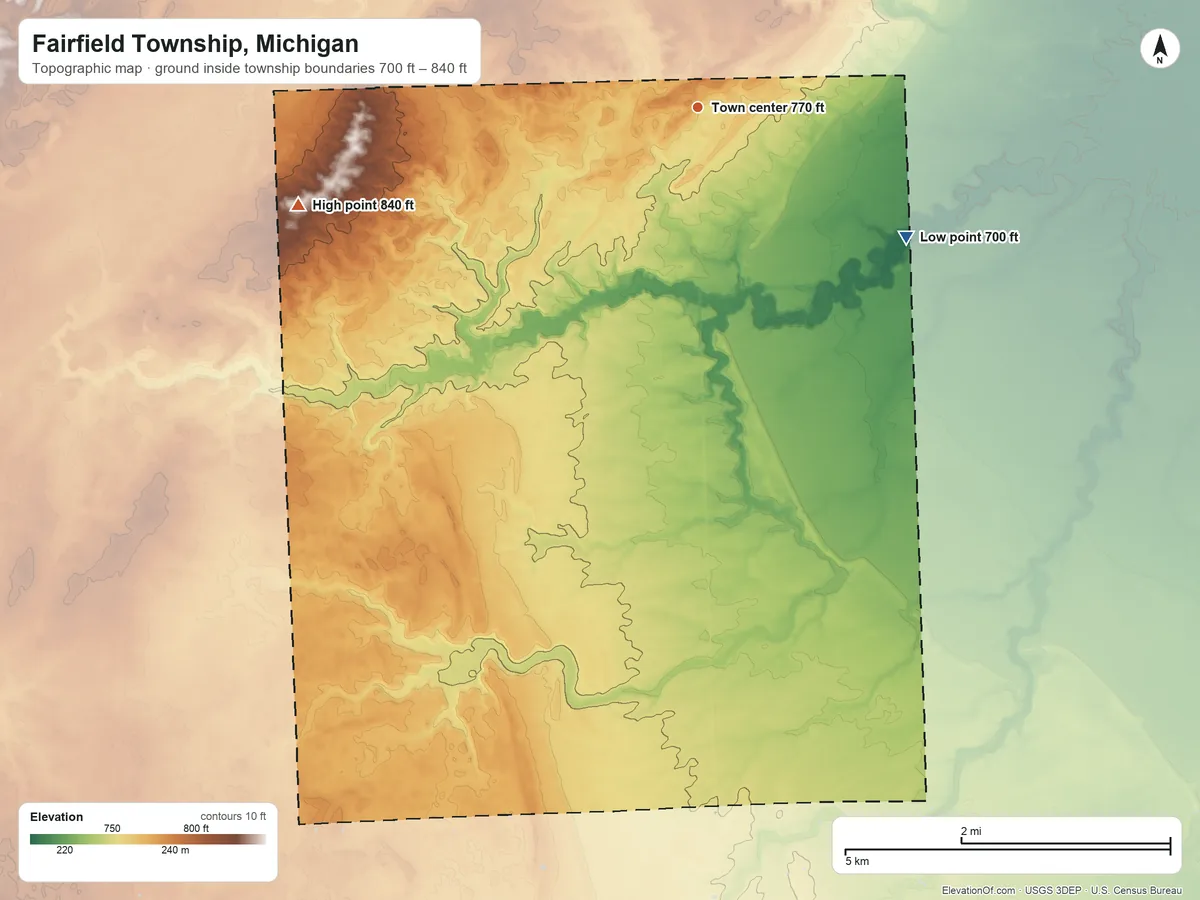 Topographic elevation map of Fairfield Township, Michigan, shaded from 700 ft on the southeast side to 840 ft on the west side