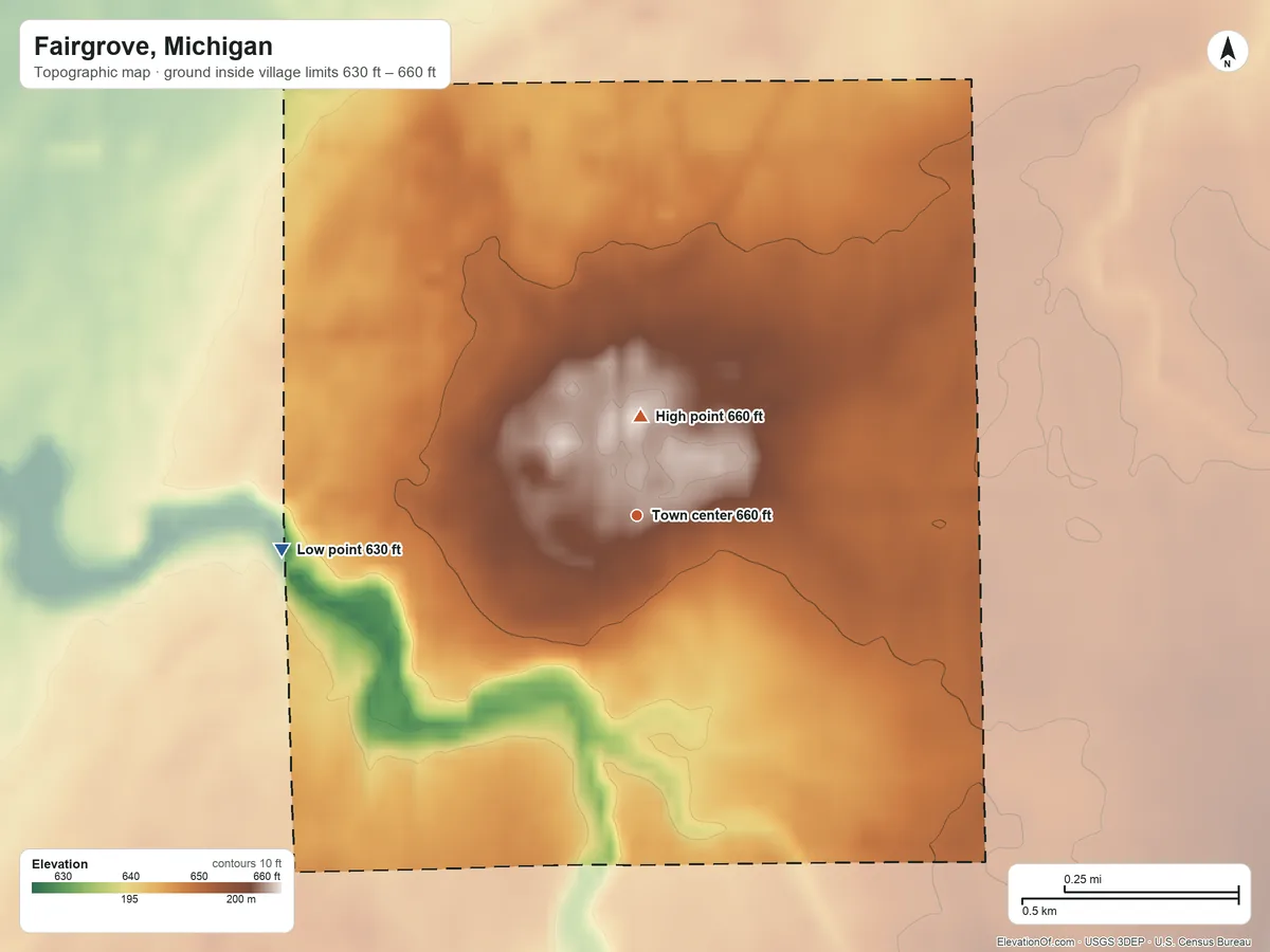 Topographic elevation map of Fairgrove, Michigan, shaded from 630 ft on the west side to 660 ft near the middle