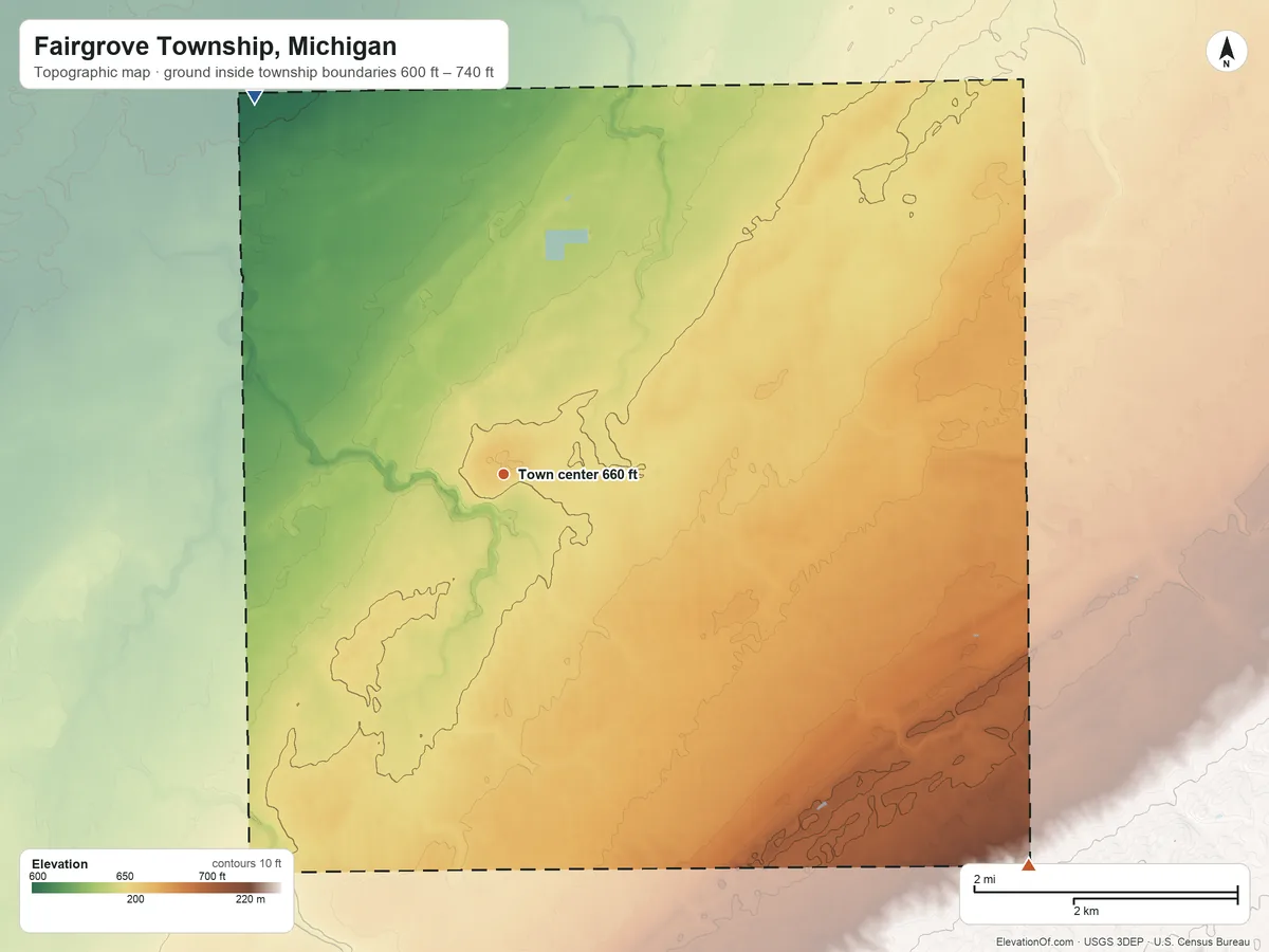 Topographic elevation map of Fairgrove Township, Michigan, shaded from 600 ft on the northwest side to 740 ft on the southeast side