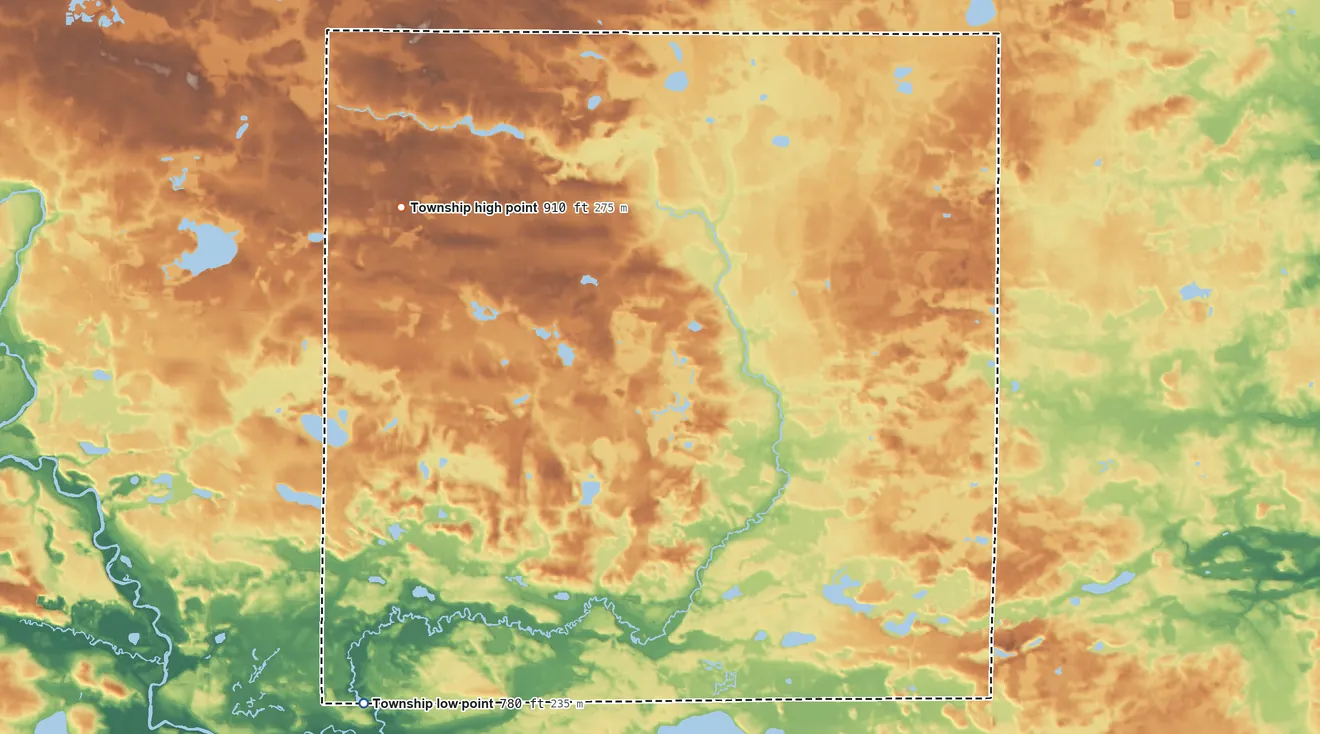 Topographic elevation map of Fairplain Township, Michigan, shaded from 780 ft on the southwest side to 910 ft on the northwest side