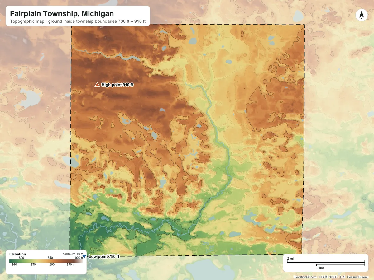 Topographic elevation map of Fairplain Township, Michigan, shaded from 780 ft on the southwest side to 910 ft on the northwest side