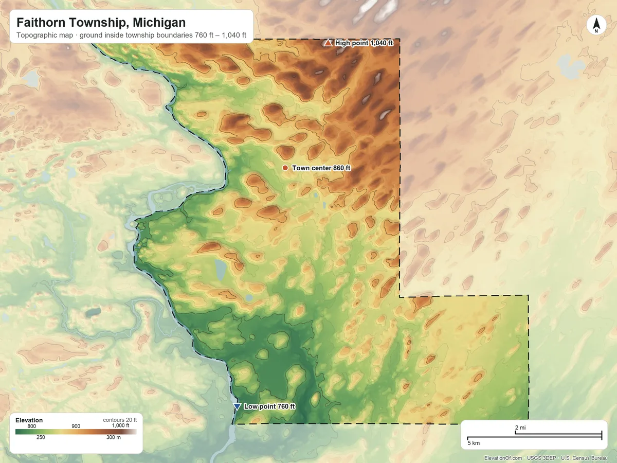 Topographic elevation map of Faithorn Township, Michigan, shaded from 760 ft on the south side to 1,040 ft on the north side