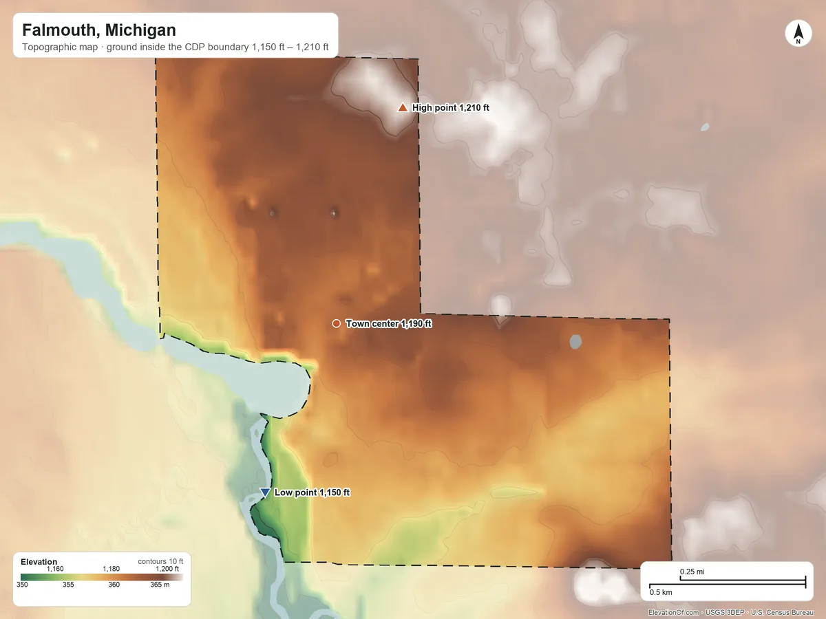 Topographic elevation map of Falmouth, Michigan, shaded from 1,150 ft on the southwest side to 1,210 ft on the north side