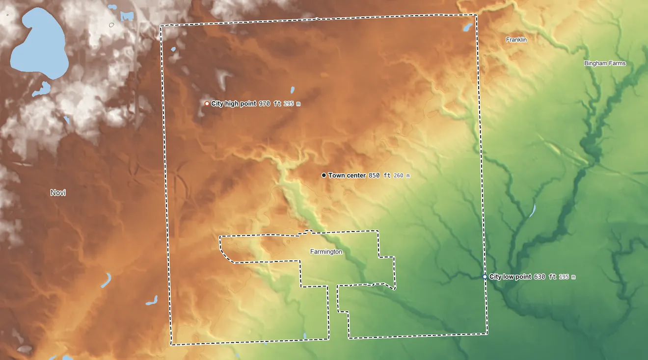 Topographic elevation map of Farmington Hills, Michigan, shaded from 630 ft on the southeast side to 970 ft on the northwest side
