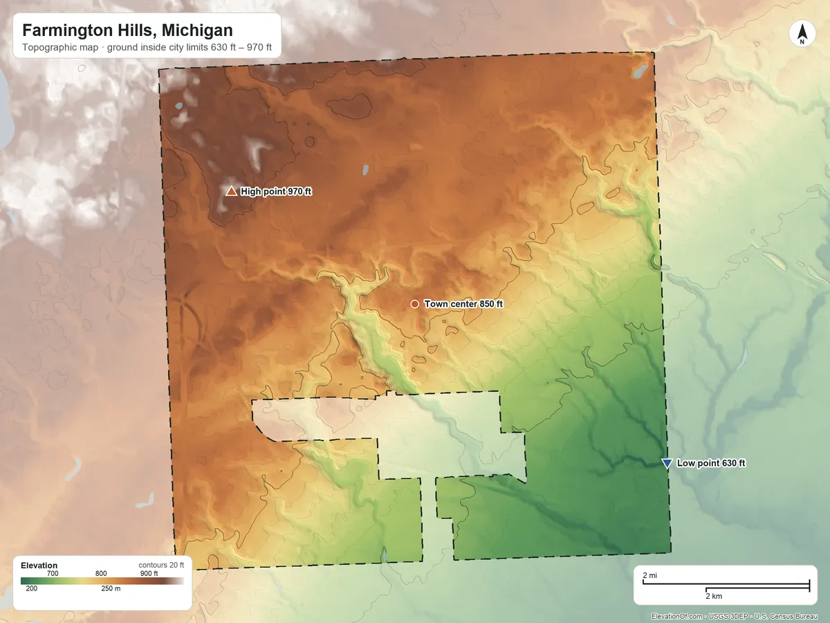Topographic elevation map of Farmington Hills, Michigan, shaded from 630 ft on the southeast side to 970 ft on the northwest side