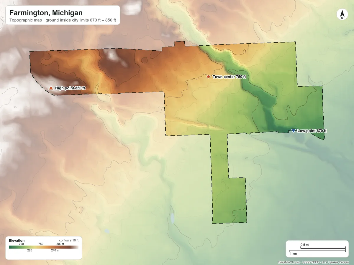 Topographic elevation map of Farmington, Michigan, shaded from 670 ft on the southeast side to 850 ft on the west side