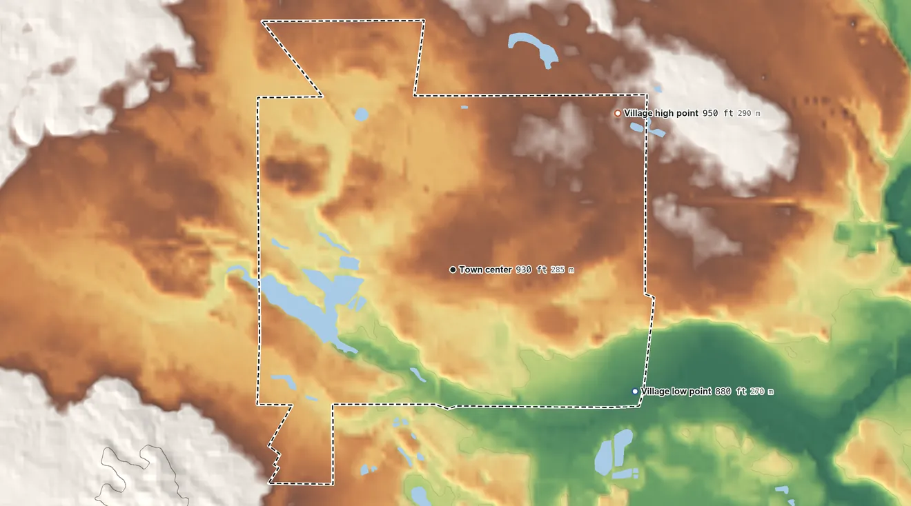 Topographic elevation map of Farwell, Michigan, shaded from 880 ft on the southeast side to 950 ft on the northeast side