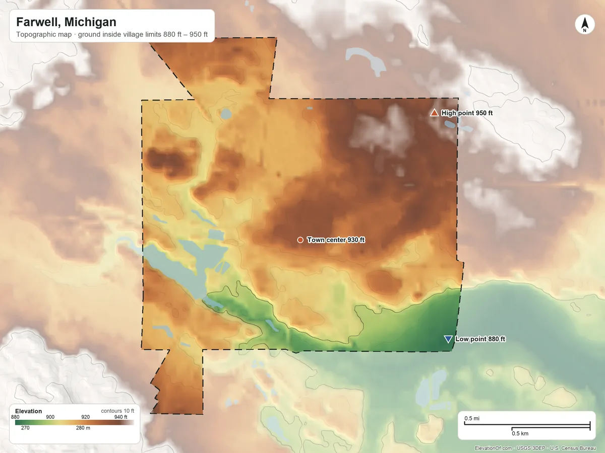 Topographic elevation map of Farwell, Michigan, shaded from 880 ft on the southeast side to 950 ft on the northeast side