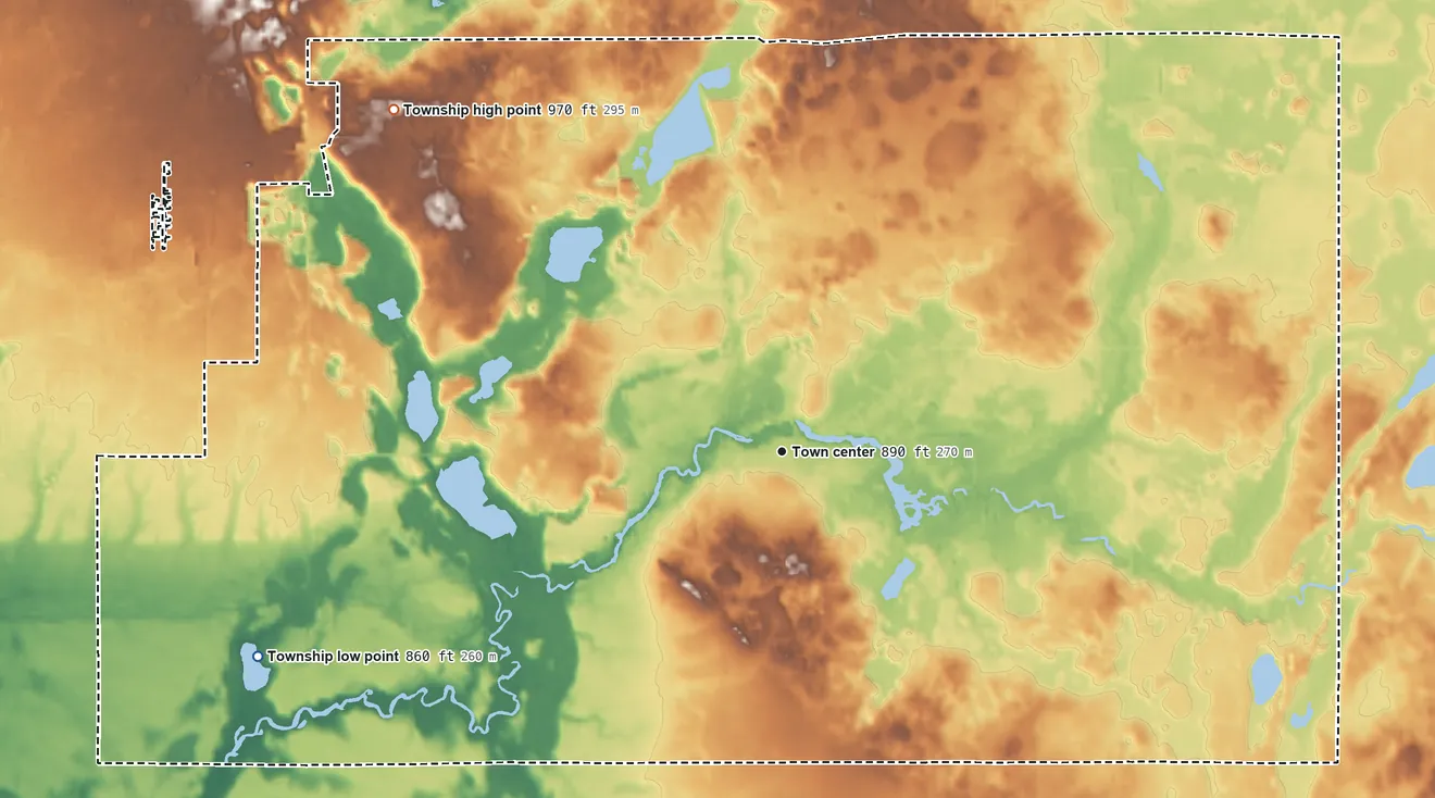 Topographic elevation map of Fawn River Township, Michigan, shaded from 860 ft on the west side to 970 ft on the northwest side