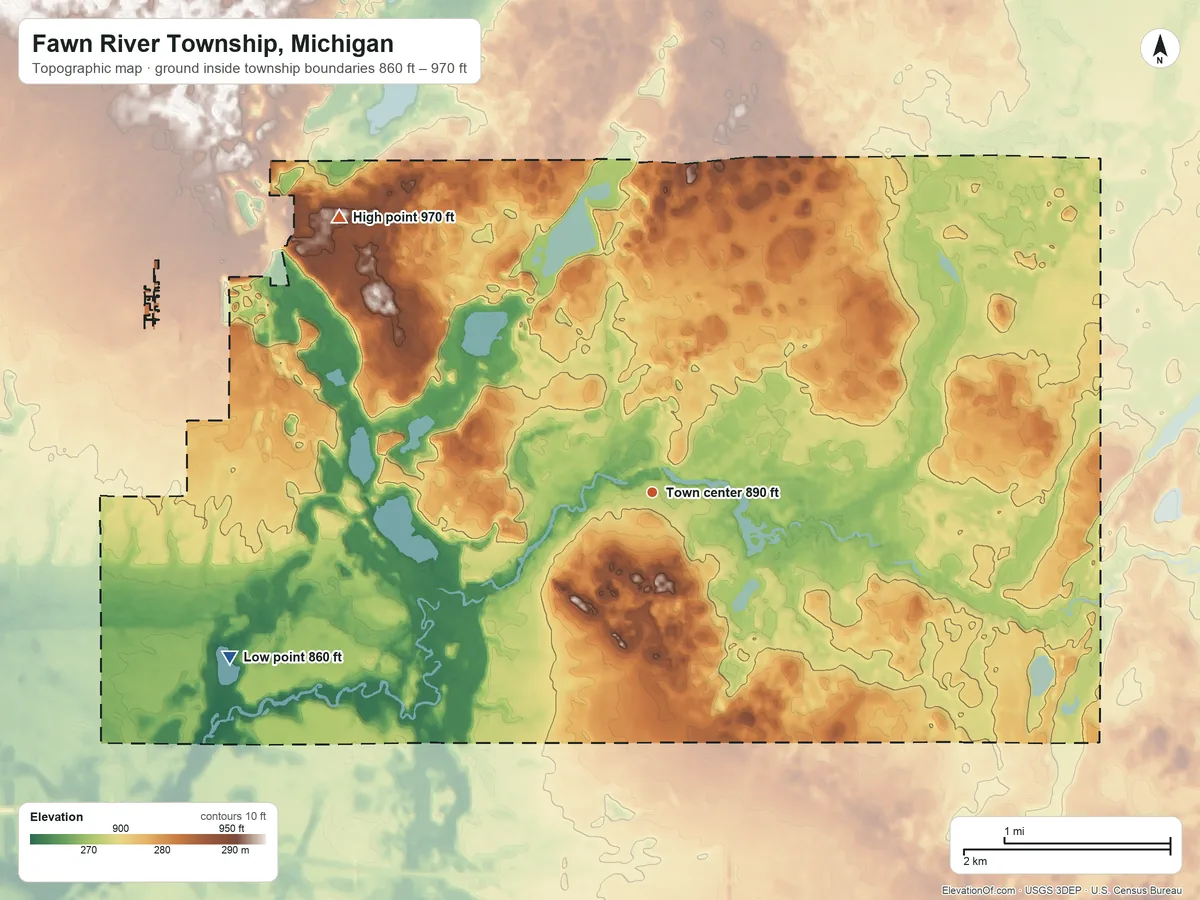 Topographic elevation map of Fawn River Township, Michigan, shaded from 860 ft on the west side to 970 ft on the northwest side