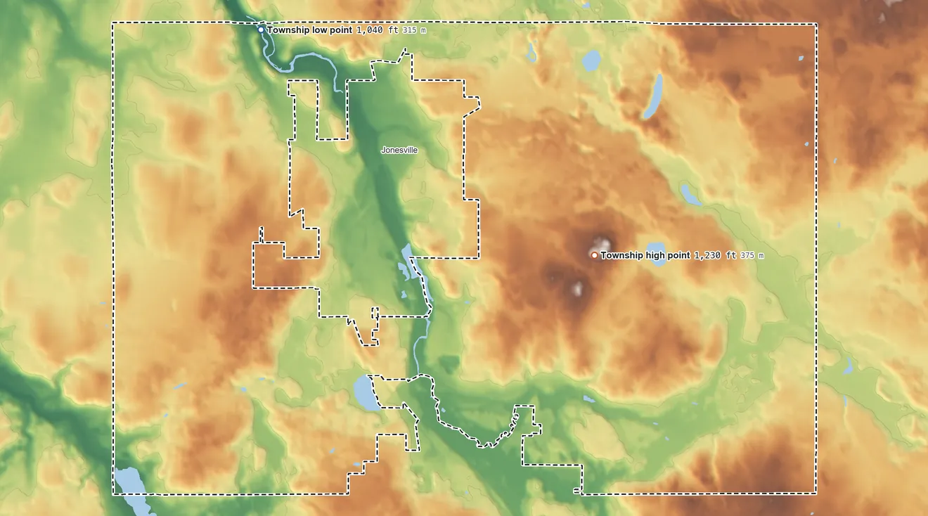 Topographic elevation map of Fayette Township, Michigan, shaded from 1,040 ft on the northwest side to 1,230 ft on the east side
