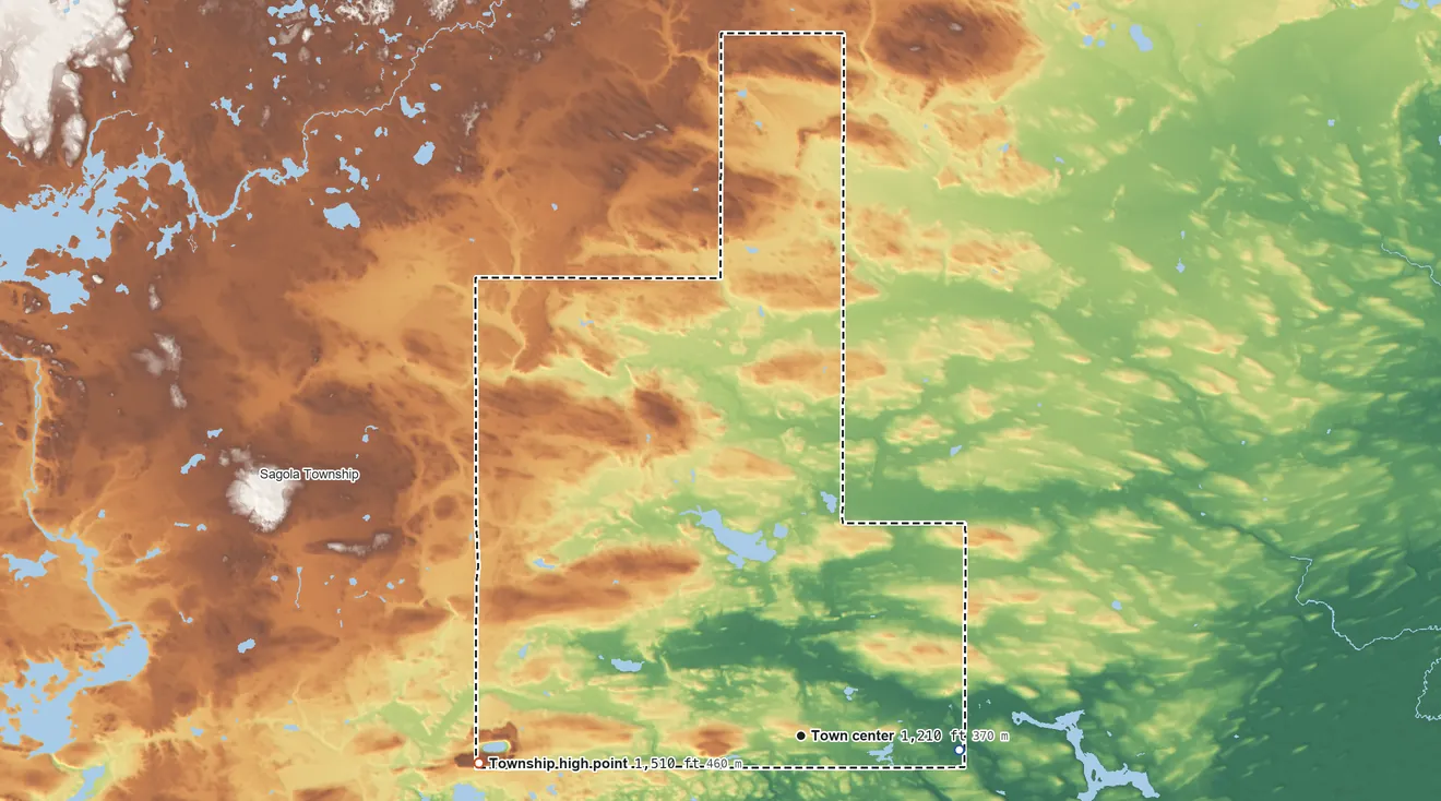 Topographic elevation map of Felch Township, Michigan, shaded from 1,060 ft on the east side to 1,510 ft on the west side