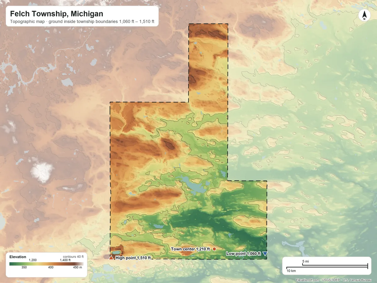 Topographic elevation map of Felch Township, Michigan, shaded from 1,060 ft on the east side to 1,510 ft on the west side
