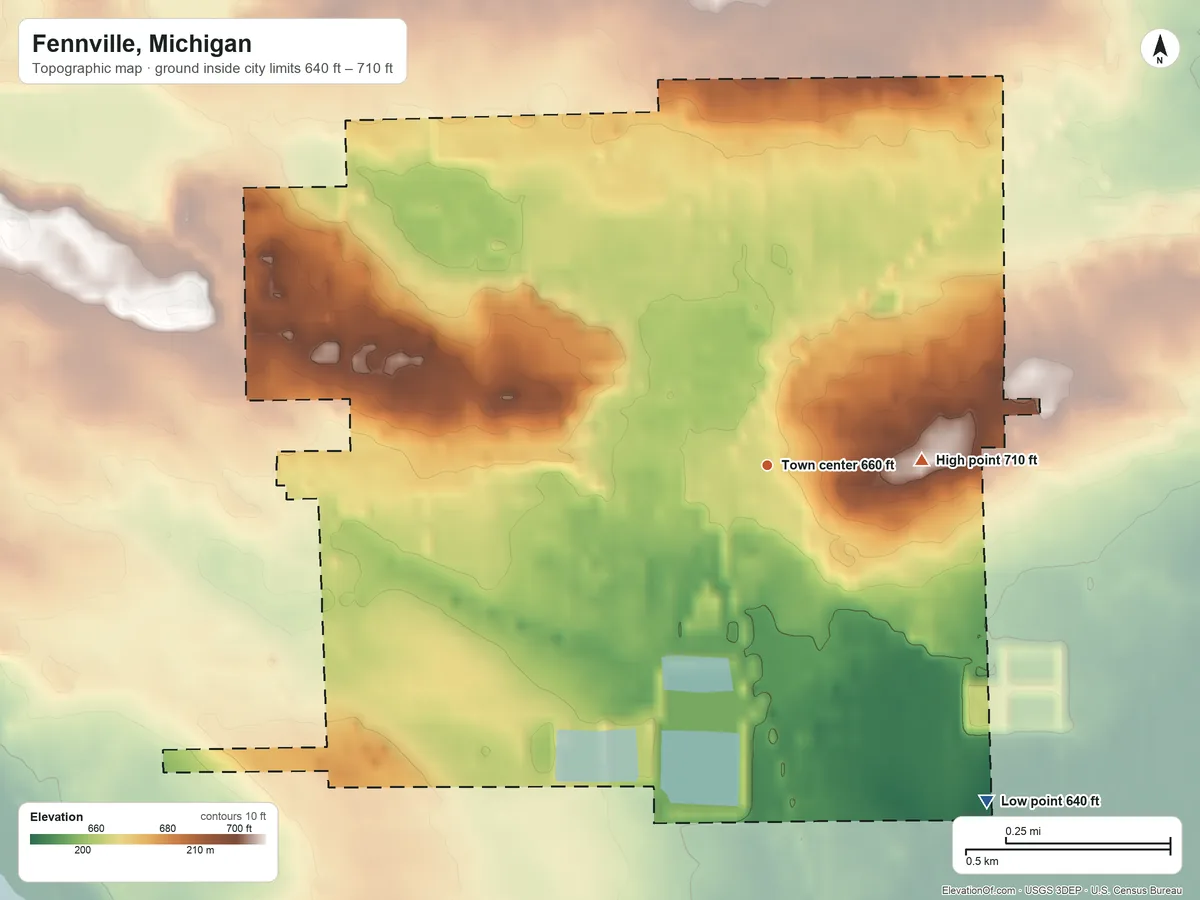 Topographic elevation map of Fennville, Michigan, shaded from 640 ft on the southeast side to 710 ft on the east side