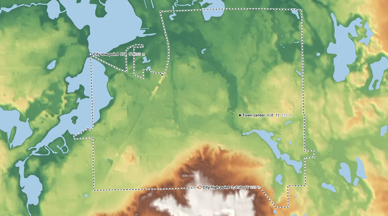 Topographic elevation map of Fenton, Michigan, shaded from 870 ft on the west side to 1,030 ft on the southwest side