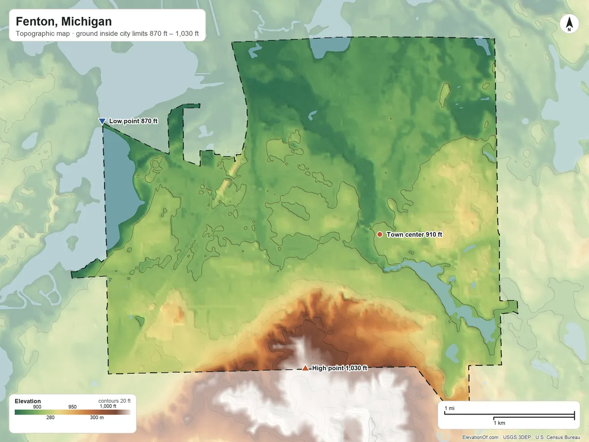 Topographic elevation map of Fenton, Michigan, shaded from 870 ft on the west side to 1,030 ft on the southwest side