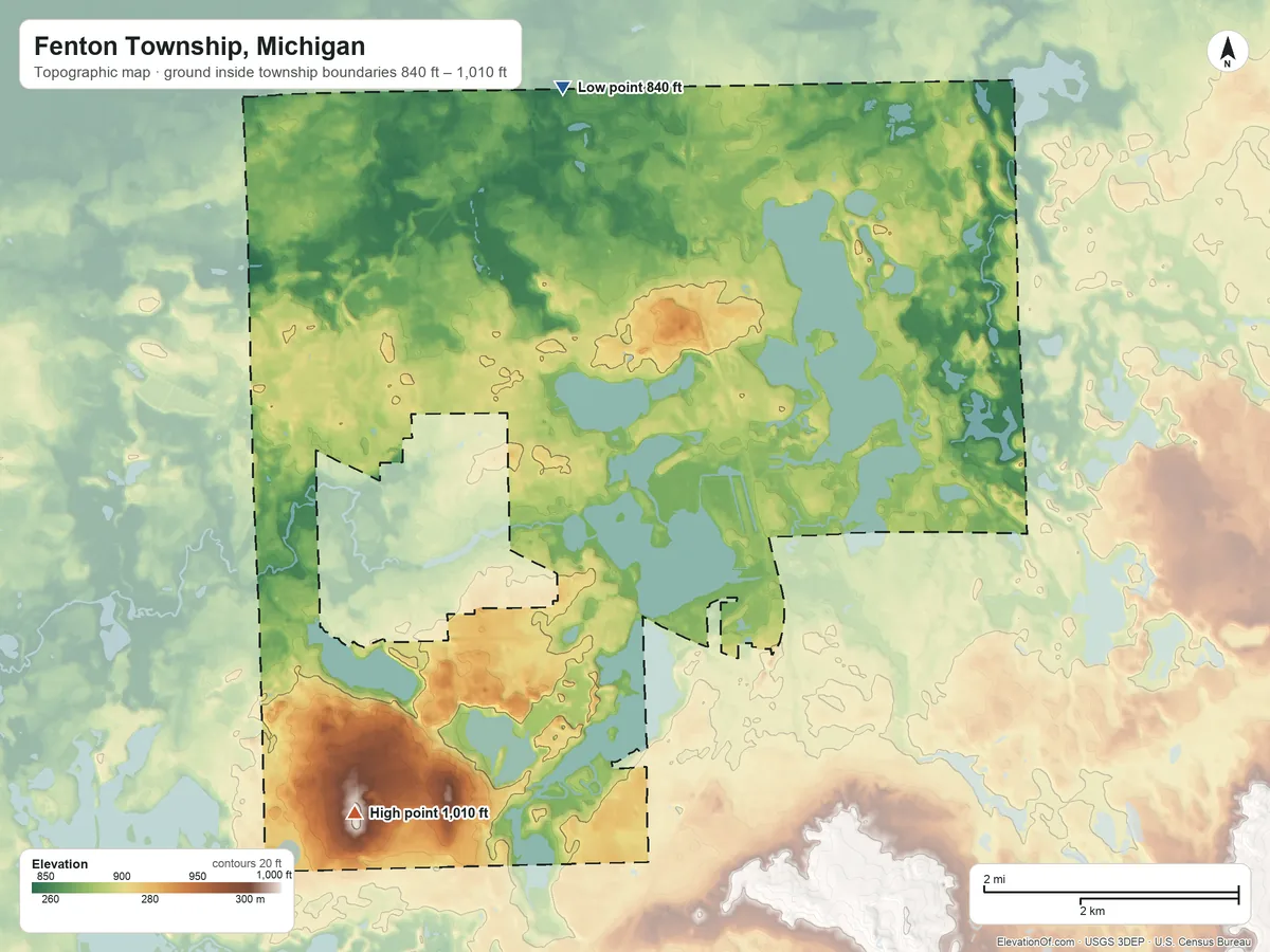 Topographic elevation map of Fenton Township, Michigan, shaded from 840 ft on the north side to 1,010 ft on the southwest side